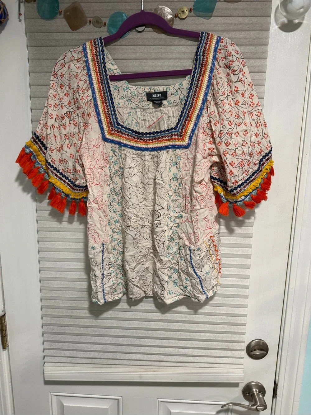 NWTMaeve Cream Embroidered Square-Neck Top with Orange Tassels and Blue Trim